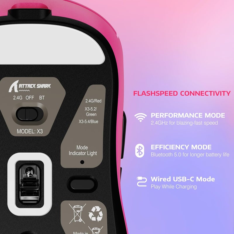 MANBASNAKE × ATTACK SHARK X3 Wireless Gaming Mouse, 49g Lightweight Triple Mode Ergonomic Computer Mouse, PAW3395 26K DPI Sensor,200h Battery Life, Griptape Programmable Buttons for PC/Mac/Win (Berry) - Image 4